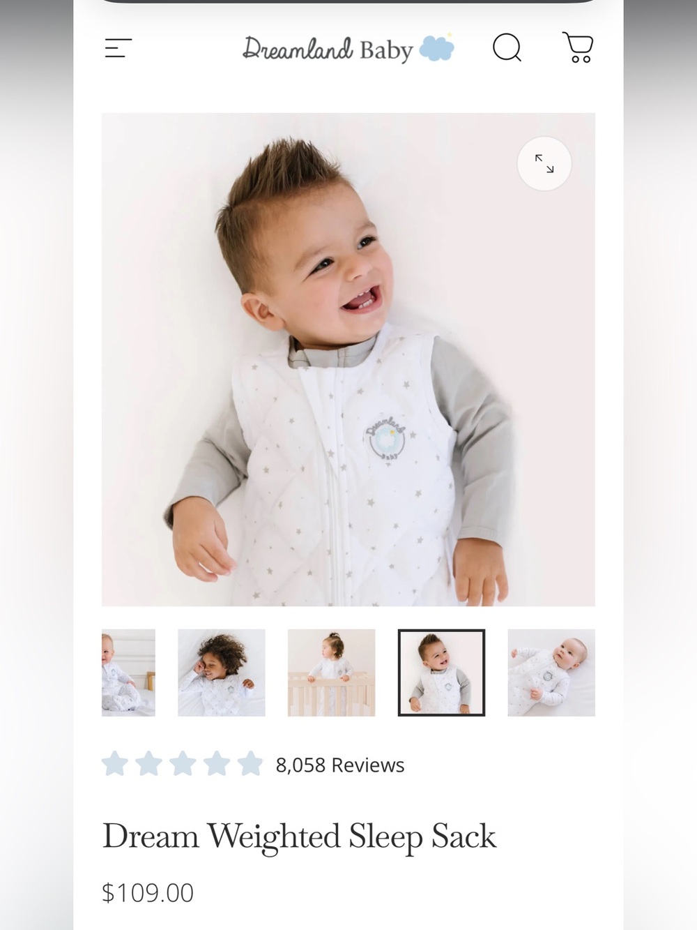 Dreamland Baby Weighted Sleep Sack in White with Silver Stars